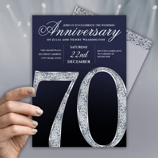 70th Anniversary Diamond Silver Navy Blue Modern 招待状