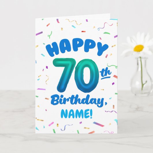70th Balloon Number Custom Name Birthday Card カード (小さな植物)