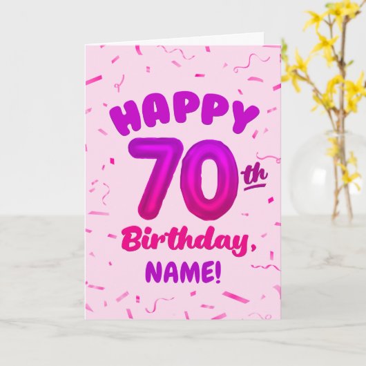 70th Balloon Number Custom Name Birthday Card カード (黄色い花)