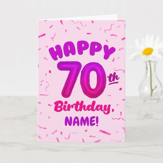 70th Balloon Number Custom Name Birthday Card カード (小さな植物)