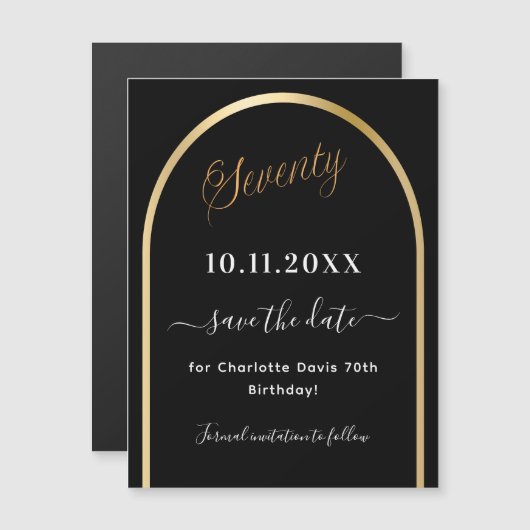 70th birthday black金ゴールドSave the Date magnet (正面/裏面)
