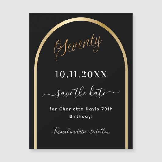 70th birthday black金ゴールドSave the Date magnet (正面)