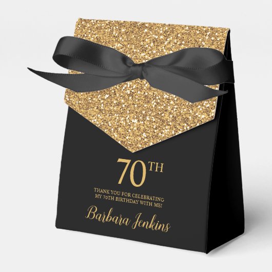 70th Birthday Black Gold Glitter Thank You フェイバーボックス (正面サイド)