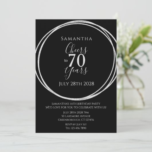 70th Birthday Black Silver Cheers 70 Years Party 招待状 (スタンド正面)