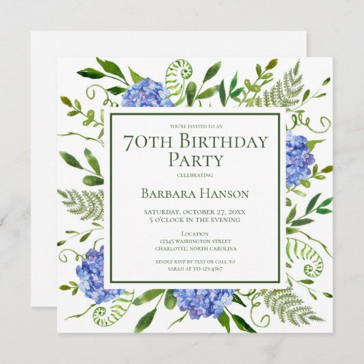 70th Birthday Blue Hydrangeas Card Request  招待状 (正面/裏面)