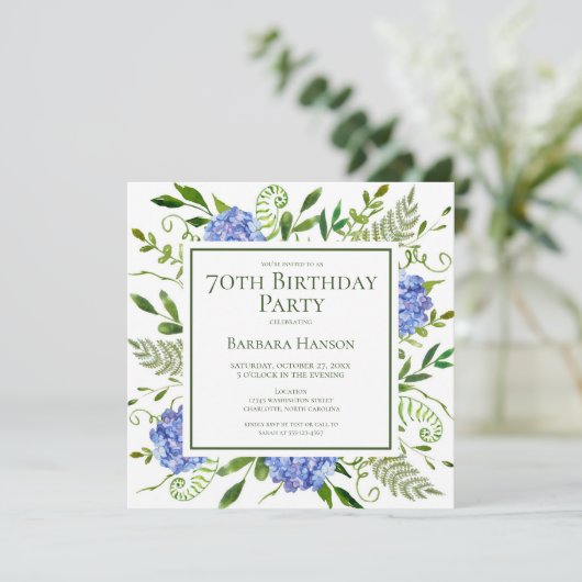 70th Birthday Blue Hydrangeas Card Request  招待状 (スタンド正面)