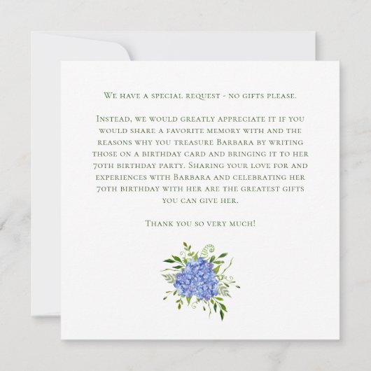 70th Birthday Blue Hydrangeas Card Request  招待状 (裏面)