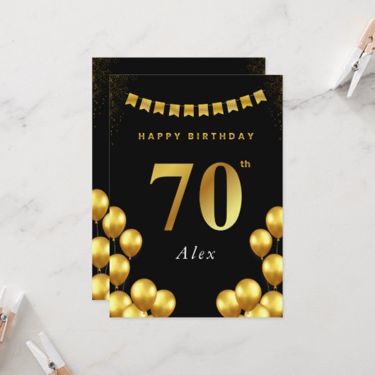 70th Birthday Card Black and Gold Balloons カード (正面/裏面インサイチュ)