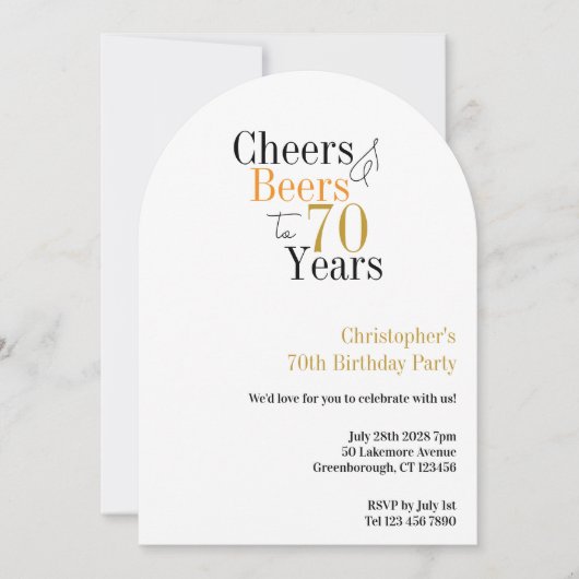 70th Birthday Cheers and Beers Minimal 招待状 (正面)