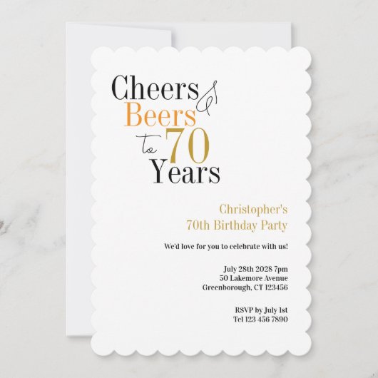 70th Birthday Cheers and Beers Minimal Party 招待状 (正面)