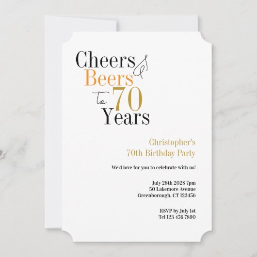70th Birthday Cheers and Beers Minimal Party 招待状 (正面)