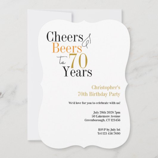 70th Birthday Cheers and Beers Minimal Party 招待状 (正面)