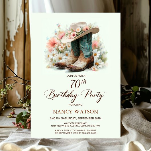 70th Birthday Cowgirl Boots and Hat Birthday Party 招待状