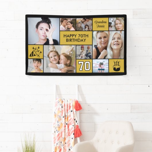70th Birthday Custom Photo Collage Black Gold 横断幕 (インサイチュ)