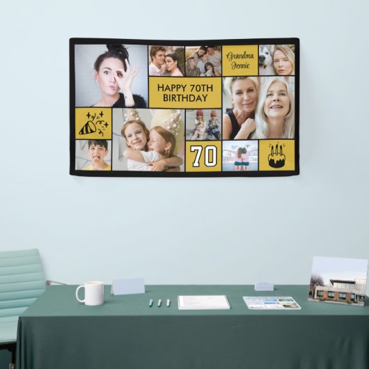 70th Birthday Custom Photo Collage Black Gold 横断幕 (トレードショー)
