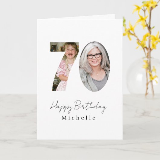 70th Birthday Custom Two Photo カード (黄色い花)