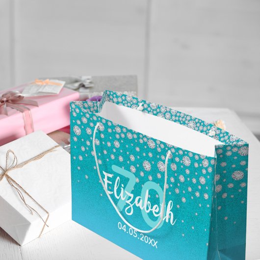 70th birthday diamondsグリッターオンティール（緑がかった色）ブルー ラージペーパーバッグ