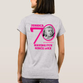 70th Birthday doubled sided photo name pink text Tシャツ (裏面)