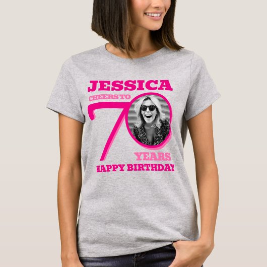 70th Birthday doubled sided photo name pink text Tシャツ (正面)