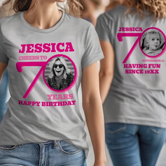 70th Birthday doubled sided photo name pink text Tシャツ