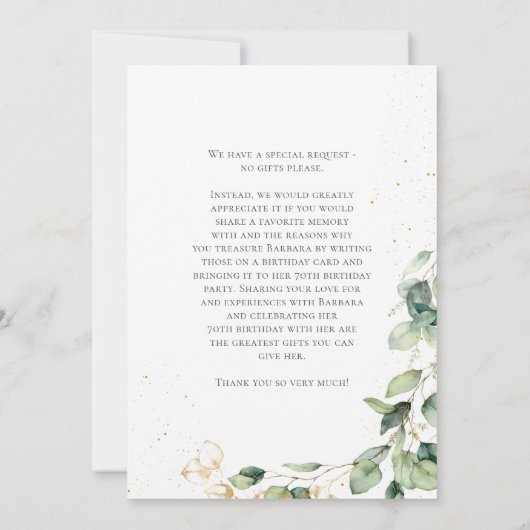 70th Birthday Eucalyptus Card Request 招待状 (裏面)