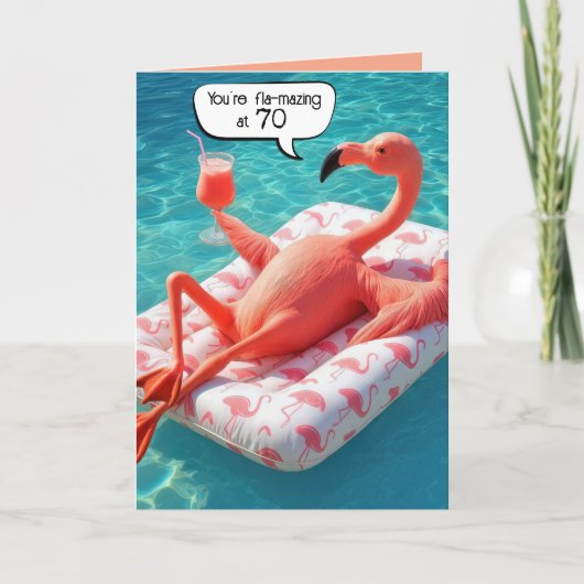 70th Birthday Flamingo Floating In a Pool カード (正面)