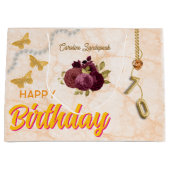 70th Birthday & Gold Foil Balloon, Burgundy Roses  ラージペーパーバッグ (正面)