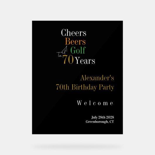 70th Birthday Golf Cheers Beers Welcome アクリルサイン (正面)