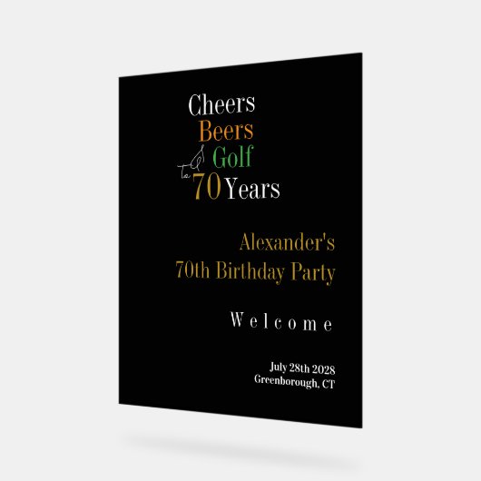 70th Birthday Golf Cheers Beers Welcome アクリルサイン (傾斜)