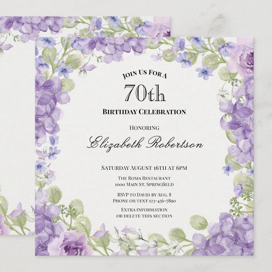 70th Birthday Invitation Elegant Purple Floral 招待状