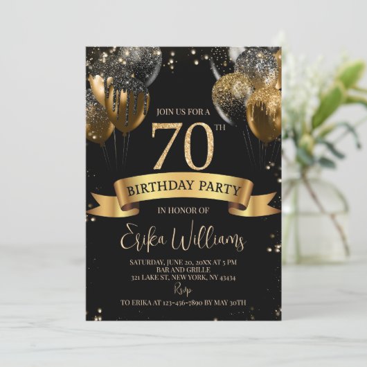 70th Birthday Invitation Template: Black & Gold Ba 招待状 (スタンド正面)