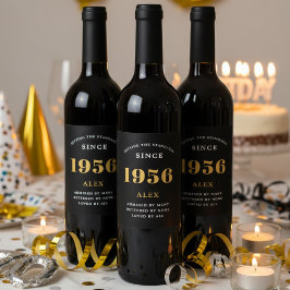 70th Birthday Name 1956 Black Gold Elegant Chic ワインラベル