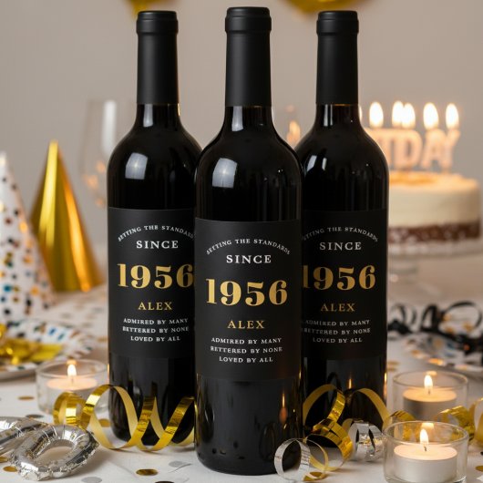 70th Birthday Name 1956 Black Gold Elegant Chic ワインラベル