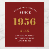 70th Birthday Name 1956 Red Gold Elegant Chic ワインラベル (シングルラベル)