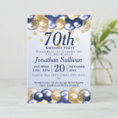 70th Birthday Navy Gold Balloons Party 招待状 (スタンド正面)