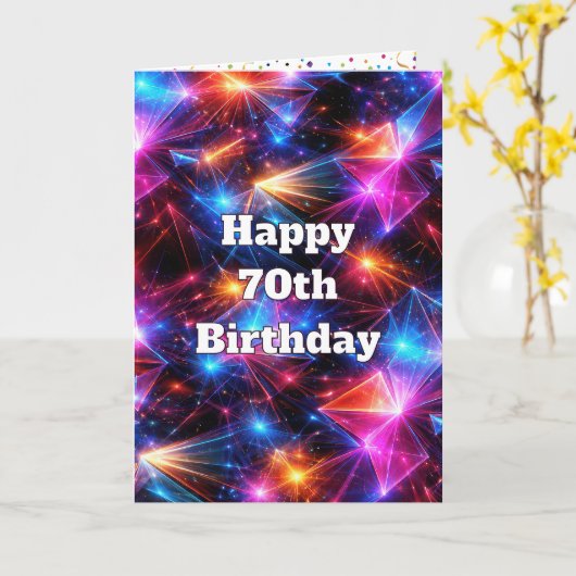 70th Birthday Neon Polygon Abstract  カード (黄色い花)