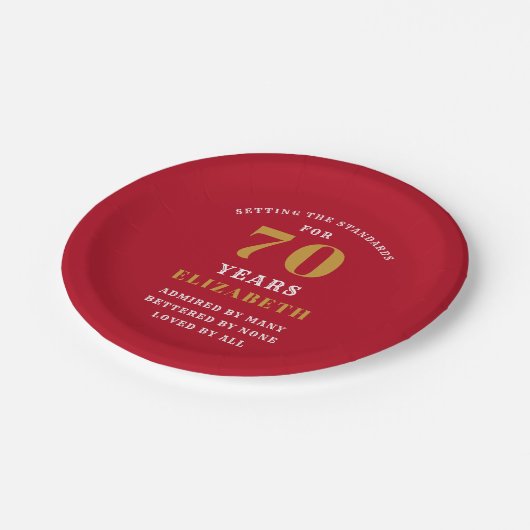 70th Birthday Partyあなたの名前を追加Redと金ゴールド ペーパープレート (アングル)