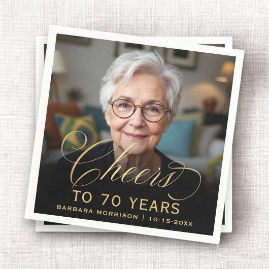 70th Birthday Partyフォト金ゴールドスクリプト応援 スタンダードカクテルナプキン