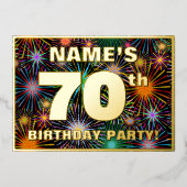 70th Birthday Party —おもしろい、カラフルFireworks Look 箔招待状 (正面)