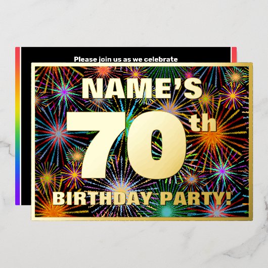 70th Birthday Party —おもしろい、カラフルFireworks Look 箔招待状 (正面/裏面)