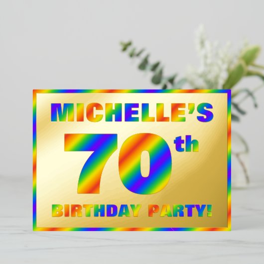 70th Birthday Party —おもしろい、レインボースペクトル「70」 箔招待状 (立ち正面)