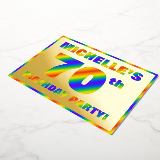 70th Birthday Party —おもしろい、レインボースペクトル「70」 箔招待状 (回転した状態)