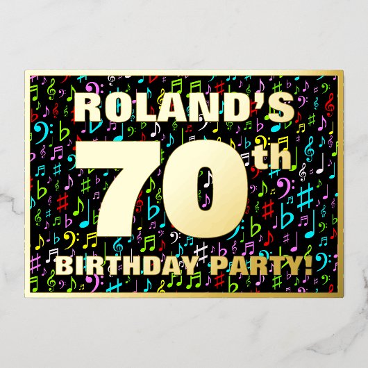70th Birthday Party —おもしろい、音楽シカラフルンボル 箔招待状 (正面)