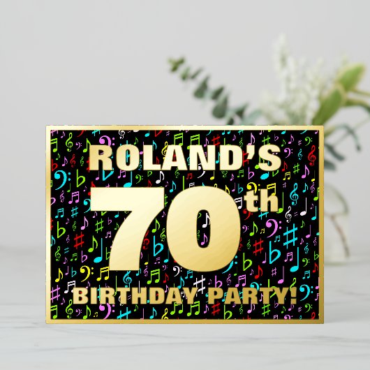 70th Birthday Party —おもしろい、音楽シカラフルンボル 箔招待状 (立ち正面)