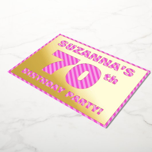 70th Birthday Party — はっきりした、おもしろい、ピンクストライプ色70 箔招待状 (回転した状態)