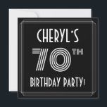 70th Birthday Party:アールデコスタイル(名前をカスタムする付) 招待状<br><div class="desc">この豪華な70歳の誕生日パーティー/お祝い招待カードデザインの正面には、編集可能な名前、複雑なアートデコのルックインスパイアス「70th」、メッセージ「BIRTHDAY PARTY!」、および線で構成されたパター縁どンが。前面の背景はデフォルトで黒に着色されているが、希望の色にカスタマイズ変更する場合ももしある。背面にはパーソナライズされた、日付、時刻、場所、重要な他の情報など、イベントに関する詳細が表示される。スタイリッシュエレガントパーソナライズされた祝は70歳の誕生日に行われる誕生会や集いの招待状に使われるかもしれない。[～Z0000615]</div>