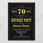 70th Birthday Party – ブラック金ゴールドホワイト 招待状<br><div class="desc">第70回バースデーパーティーへの招待。黒エレガント、金ゴールド、白レトロデザインと黒板パターンとスクリプトフォント。応援70年！メッセージもしの詳細なカスタマイズが必要。</div>