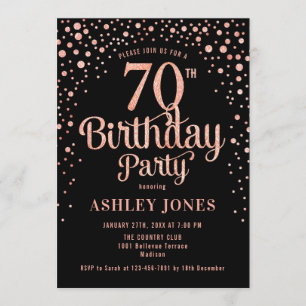 70th Birthday Party – ブラック&バラ金ゴールド 招待状