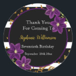 70th Birthday Party |ブラック&金ゴールドグリッター感謝してい ラウンドシール<br><div class="desc">70th Birthday Party |ブラックと金ゴールドのグリッターデザインと紫のフローラ詳細。これは、テンプレートを追加する準備ができている詳細である。</div>
