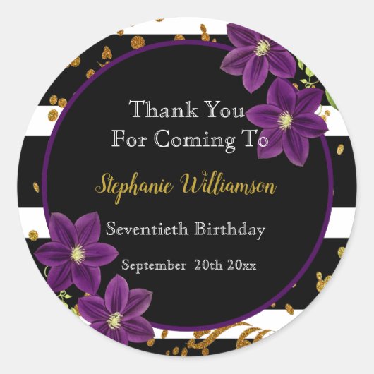 70th Birthday Party |ブラック&金ゴールドグリッター感謝してい ラウンドシール (正面)